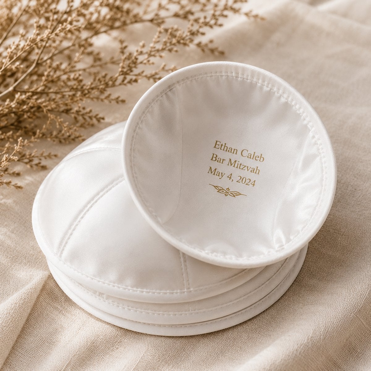 White satin custom kippahs