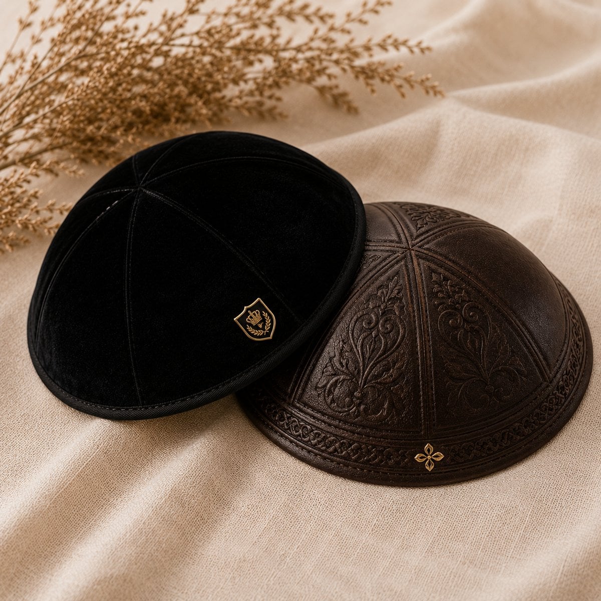 Black velvet and leather custom kippahs