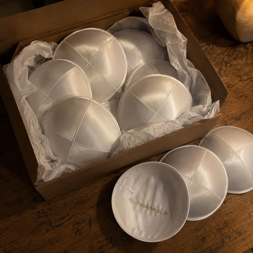 Custom satin kippahs in a gift box with gold foil stamping inside