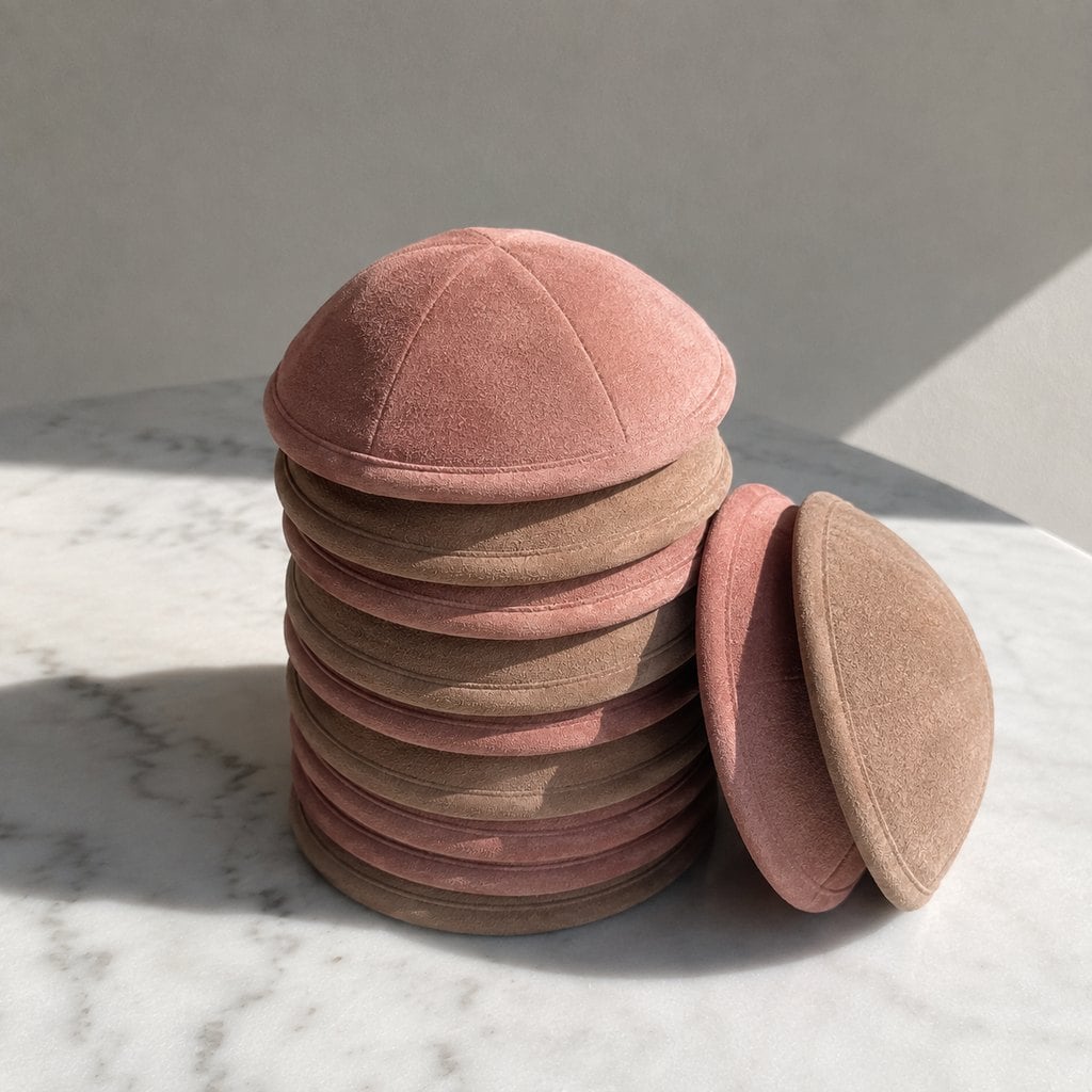Stack of custom suede kippahs in dusty rose and tan